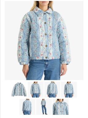Striped Quilted Floral Puffer Jacket - Light Blue